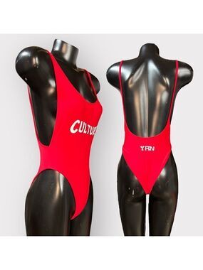 YRN NEW Open Back High Thigh Cheeky One-Piece CULTURE Swimsuit XS Red Lifeguard